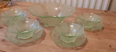 Buy Art Deco Green Uranium Glass Fruit Set, Large Bowl, 4 Small Bowls And Saucers • 29.99£