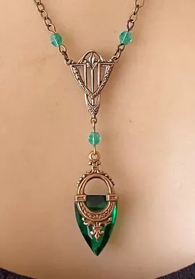 Buy Vintage Necklace Art Deco Brass Lavalier Pendant Antique Green Czech Glass Drop • 27.40£