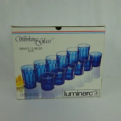 Buy Vintage Luminarc Working Glass Cobalt Blue Paneled Tumblers Set Of 12 ~ W/ Box • 90.99£