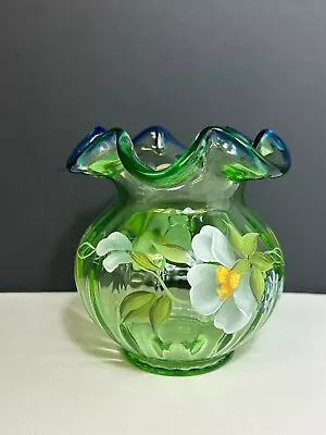 Buy Fenton Light Green Rose Bowl Vase With Blue Ruffled Rim • 37.94£