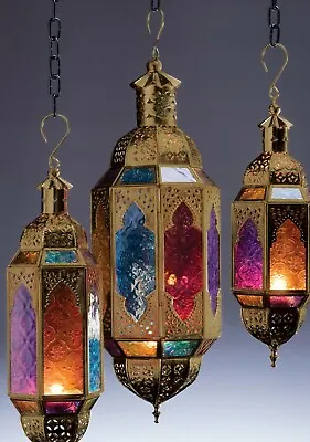 Buy Moroccan Hanging Multi Coloured Glass Lantern Tea Light Candle Holder Home Gift • 45.50£