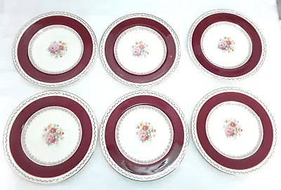 Buy 6 Vintage Crown Ducal 'Empress' China Tea Side  Plates - Floral, Burgundy Border • 12.95£
