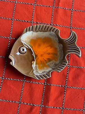 Buy Mid Century Studio Pottery Vintage Fish Shaped Dish Brown And Orange Glaze • 5.50£