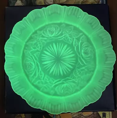 Buy Art Deco Sowerby Frosted Green Uranium/Vaseline Green Roses Glass Bowl 25cmx7cm • 24.99£
