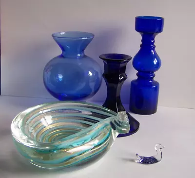 Buy Job Lot Of Blue Glass Vase, Candlesticks, Dish And Swan • 9.99£