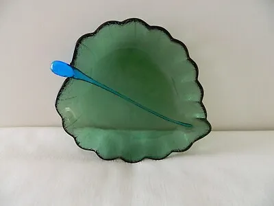 Buy Art Glass Serving Plate Scalloped Leaf Shape Green & Blue Colour • 18.63£