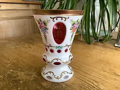 Buy Classic Bohemian Floral Enamel White Overlay Panel Cut To Cranberry Glass Vase • 15£