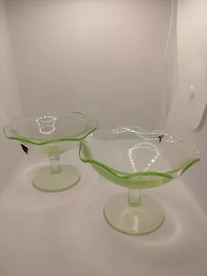 Buy 4 Vtg Depression Uranium Glass Footed  Fluted Edge Dessert Cups Dessert Plates • 28.45£