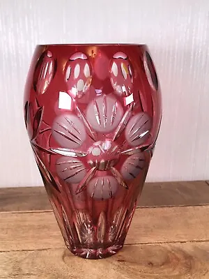 Buy Vintage, Large Cranberry To Clear Glass Vase With Flower Pattern 10  High • 22£
