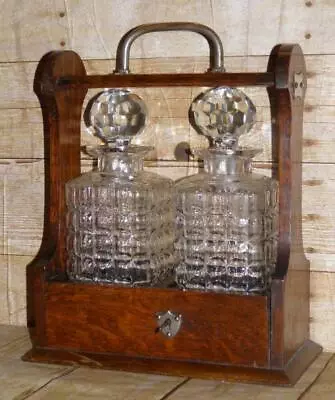 Buy Antique English Pair Of Crystal Cut Glass Decanters Silver Detailed Oak Tantalus • 195£