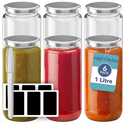 Buy HEFTMAN Glass Jars 1L Round Airtight Storage Jar Silver Lid Reusable 6 Pack • 15.99£