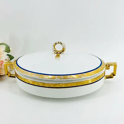 Buy Vintage Royal Bavaria Royal Blue Gold Covered Vegetable Serving Bowl W/ Handles • 29.89£