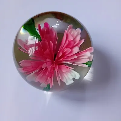Buy Vintage Clear Glass Paperweight - Pink Flower & Green Leaves • 8.99£
