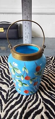 Buy Exquisite Art Nouveau Hand Painted Blue Glass & Brass Top / Handle Jar • 1£