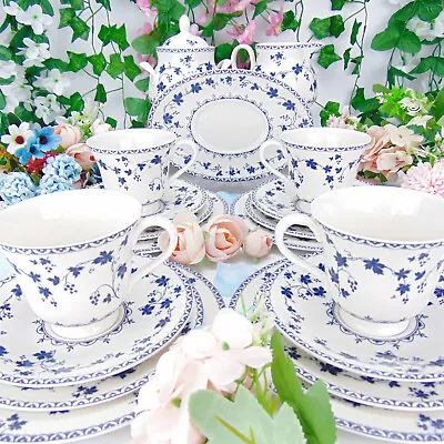 Buy Royal Doulton Yorktown Bone China Tea Set 19 Piece Blue & White Inc. Quads • 119.99£