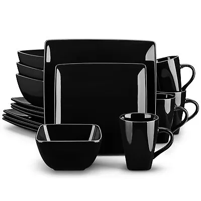 Buy Vancasso SOHO Black Dinner Set 16 Pc Stoneware Plates Dinnerware Service For 4 • 55.99£