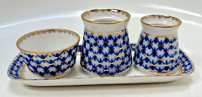 Buy Imperial Russian Lomonosov Blue White And Gold Three Pot On Tray Stand Spice Set • 50£