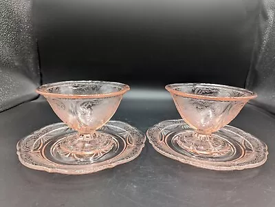 Buy Royal Lace VTG Pink Depression Glass-2- Footed Sherbet Bowls With Underplates • 18.90£