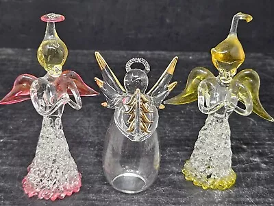 Buy Lot Of 3 Clear Spun Glass Angels Each Piece W/a Dab Of Color Christmas Ornaments • 8.52£