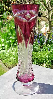 Buy Unique Val St Lambert Vintage Crystal Glass Cranberry Clear Cut Fushia Vase.     • 195£