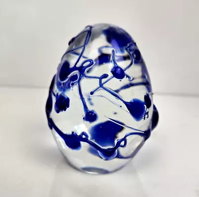Buy Vintage Art Glass Paperweight Egg Shaped Clear Blue 3D Free Form Spiral Drizzle • 21.78£