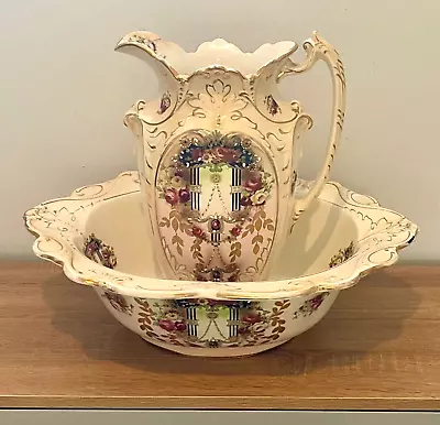 Buy Antique Basin Bowl & Jug Toilet Wash Set Victorian Art Nouveau 1890s Ceramic XL • 50£