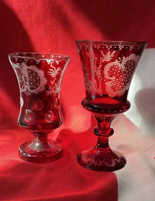 Buy Two Early 20th Century Bohemian Ruby Cut To Clear Glass Engraved Goblets • 55£