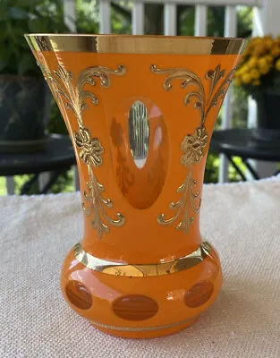 Buy Bohemian Czechoslovakia 5-1/2  Art Glass Orange Gilt Cut To Clear Vase • 42.83£