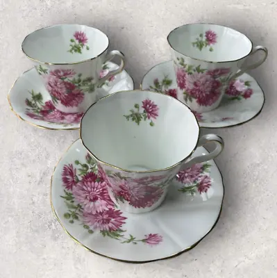 Buy 3 Adderley Fine Bone China H434 Mums Pink Carnation Tea Cups & Saucers 1956-1964 • 19.95£