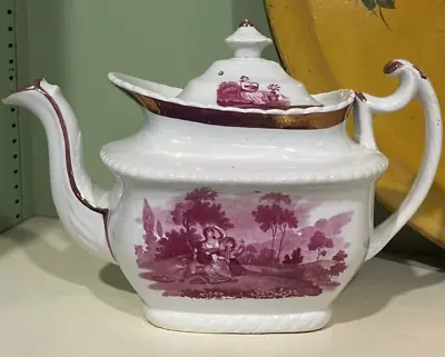 Buy Early 1800s Antique Sunderland Pink Lustreware Teapot Mother & Children Sky Lark • 143.86£