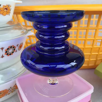 Buy Vintage Hooped Retro Royal Blue Footed Glass Vase Empoli Riihimaki Style • 34.99£
