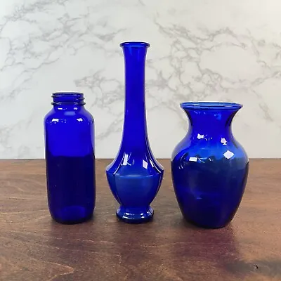 Buy Set Of 3 Cobalt Blue Glass Bottle / Vases • 58.79£