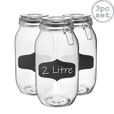 Buy 3x Glass Storage Jars & Labels Vintage Food Container 2 Litre Black Seal • 16£