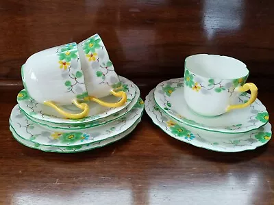 Buy Set Of 3 Vintage Paragon Hand Painted Blue, Yellow & Green Floral China Trios • 25.50£