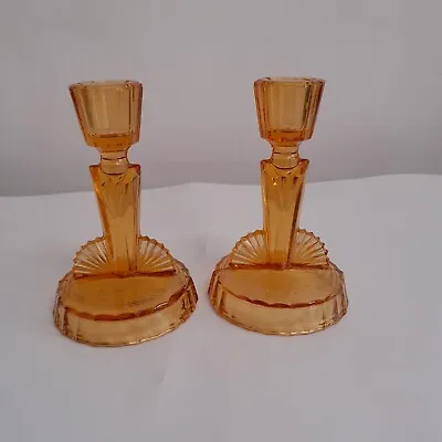 Buy Vintage Sowerby Art Deco Amber Glass Candlesticks • 10£