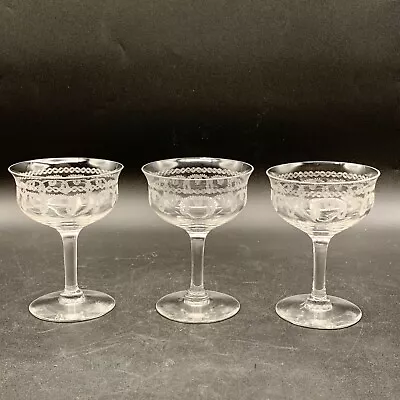 Buy Morgantown ? Clear Etched Crystal Low Sherbet / Champagne Glasses Set Of 3 1940s • 22.97£
