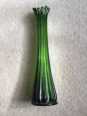 Buy Vintage Green Glass Fluted Swung Trunk Vase Pulled Ribbed Design 13.5 Inch Tall • 7.99£