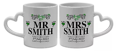 Buy Personalised Pair Of Mr & Mrs With Date Wedding Novelty Gift Mugs - Heart Handle • 10.99£