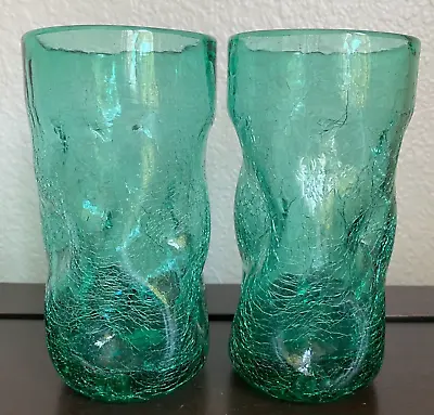 Buy Blenko Handblown Art Glass Drinkware Tall Tumblers Crackle Pinched 6  Tall Set • 70.18£