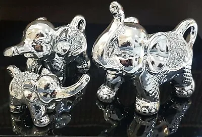 Buy SET OF 3 Silver & Crushed Diamond Elephant Family Sparkling Ornaments Home Decor • 17.99£