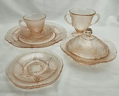 Buy Vintage 1930s Pink  Depression Glass Tea Cup Saucer Plate Sugar Bowl Milk Jug + • 25£