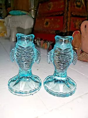 Buy A Set Of Two Pale Blue Glass Fish Shaped Candle Holders • 14.75£