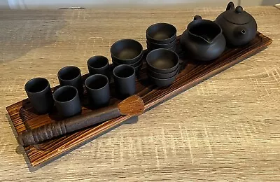 Buy Clay Chinese Tea Set With Wooden Tray And Brush - Japanese Asian Miniature Pot • 30£