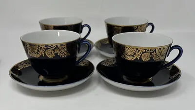 Buy Vintage USSR LFZ  Lomonosov Cobalt Blue Porcelain Tea Cup With Saucer Set Of 4 • 96.50£