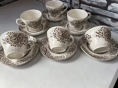 Buy English Ironstone Tableware 12 Piece Cup Saucer Set Brown Floral Pattern Vintage • 19.95£