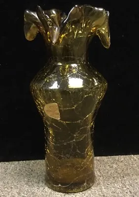 Buy Vintage Hand Blown Crackle Glass Fluted Golden Amber  Vase By Sunset Glass • 28.26£