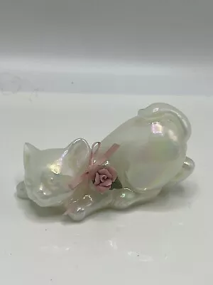 Buy Fenton Vntg Art Glass Opalescent White Pouncing Cat Figurine,Pink Porcelain Rose • 28.82£