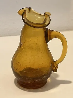 Buy Vintage Hand Blown Small Amber Crackle Glass Jug Vase 4.5 Tall • 7.60£