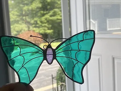 Buy Vtg. Stained Glass Butterfly Suncatcher Green/Aqua, Purple Leaded 6x3.5” • 16.66£
