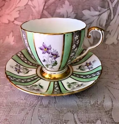 Buy Royal Grafton Fine Bone China Teacup And Saucer With Purple Flowers Green Gold • 14.25£